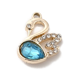 Deep Sky Blue UV Plating Alloy Pendants, with Crystal Rhinestone and Glass, Golden, Swan Charms, Deep Sky Blue, 19.5x15x5mm, Hole: 1.5mm