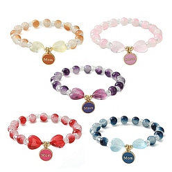Mixed Color Jewelry Gift for Mother's Day, Alloy Enamel Charm Bracelets, Round & Heart Twon Tone Glass Beaded Bracelet for Women, Mixed Color, Inner Diameter: 2 inch(5cm)