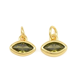 Olive Brass Pave Cubic Zirconia Charms, Horse Eye Charms, Single Stone Charms, Long-Lasting Plated, Rack Plating, Cadmium Free & Lead Free, Golden, Olive, 8x9.5x2.5mm, Hole: 3.5mm