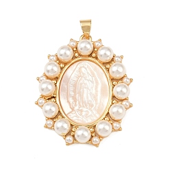 Virgin Овальные подвески из натуральной белой ракушки, с латунной оправой и искусственным жемчугом из АБС-пластика, реальный 18 k позолоченный, долговечный, без кадмия и без свинца, стойки покрытие, девственница, 35.5x29.5x6 мм, отверстие : 4.5x3.5 мм