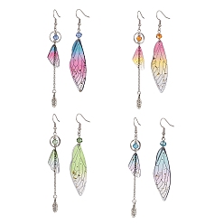 Mixed Color 4 Set 4 Color Resin Wing with Feather Asymmetrical Earrings, Glass Bead Long Tassel Dangle Earrings for Women, Mixed Color, 80~100mm, Pin: 0.7mm, 2Pcs/set, 1 Set/color