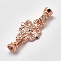Rose Gold Brass Micro Pave Cubic Zirconia Fold Over Clasps, Flower, Rose Gold, 40x15.5mm, Hole: 2mm
