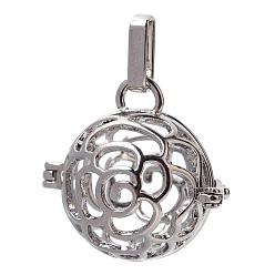 Platinum Rack Plating Brass Cage Pendants, For Chime Ball Pendant Necklaces Making, Hollow Round with Flower, Platinum, 25x25x20mm, Hole: 3.5x8mm, inner measure: 17mm