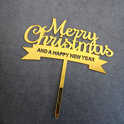 Gold Acrylic Mirror Cake Toppers, Cake Inserted Cards, Christmas Themed Decorations, Word Merry Christmas And A Happy New Year, Gold, 110x1.8mm