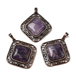 Аметист Подвески в виде ромбов из натурального аметиста, с винтажной латунной рамкой красного медного оттенка, 39x36.5x7~8 мм, отверстие : 8.5x5 мм