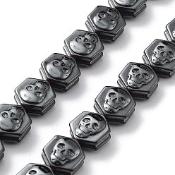 Non-magnetic Hematite Synthetic Non-Magnetic Hematite Beads Strands, Hexagon with Skull Pattern, Halloween, 10.5x9.5x5.5mm, Hole: 1mm, about 41pcs/strand, 16.54 inch(42cm)