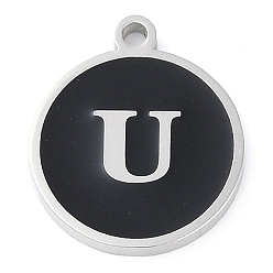 Letter U 201 подвески из нержавеющей стали, с черной эмалью, цвет нержавеющей стали, плоские круглые с буквы, Буква U, 18.5x15.5x2 мм, отверстие : 1.6 мм