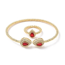 (123L) Белый крем непрозрачный блеск Наборы из каплевидных латунных браслетов-манжет и колец с микропаве из кубических цирконий для женщин, стойки покрытие, реальный 18 k позолоченный, огнеупорный кирпич, браслет: 3~11ширина мм, 59x53 мм внутренним диаметром