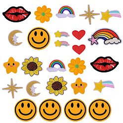 Mixed Color 27Pcs 12 Styles Computerized Embroidery Cloth Self Adhesive Patches, Stick On Patch, Costume Accessories, Appliques, Smiling Face & Heart & Meteor & Rainbow & Lip & Sunflower & Moon & Star, Mixed Color, 27pcs/set