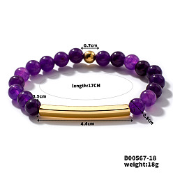 Аметист Природный аметист браслеты простирания, латунная трубка бисерная для женщин, элегантный и стильный повседневный аксессуар, внутренний диаметр: 6-3/4 дюйм (17 см)