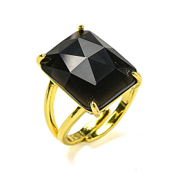 Обсидиан Прямоугольные открытые манжеты из натурального обсидиана, позолоченное латунное кольцо унисекс, внутренний диаметр: регулируемый