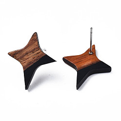 Black Resin & Walnut Wood Stud Earrings, with 304 Stainless Steel Pin, Star, Black, 21x17~18mm, Pin: 0.7mm