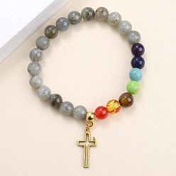 Cross Natural & Synthetic Mixed Gemstone Round Beaded Stretch Bracelet with Alloy Charm, Chakra Theme Jewelry for Women, Cross Pattern, Inner Diameter: 2-1/8 inch(5.5cm)