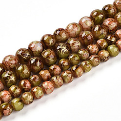 Цвет Оливы Выпечки нарисованных стеклянных бусин прядей, волочильных стиле, круглые, оливковый, 7.5~8 мм, отверстие : 1.2 мм, около 102~119 шт / нитка, 29.53~34.25 дюйм (75~87 см)