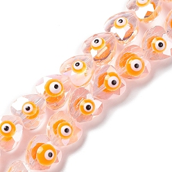 Orange Transparent Evil Eye Glass Beads Strands, with Enamel, Faceted, Heart, Orange, 10x10x6~7.5mm, Hole: 1.2mm, about 40pcs/strand, 14.25''(36.2cm)