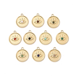 Mixed Stone Natural & Synthetic Gemstone, Mixed Gemstone Pendants, with Ion Plating(IP) Real 18K Gold Plated 304 Stainless Steel Findings, Flat Round Charm with Eyes, 21x18.5x3mm, Hole: 2.5mm