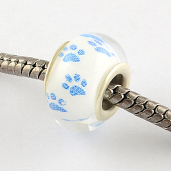 Light Sky Blue Large Hole Dog Paw Prints Pattern Resin European Beads, with Silver Color Plated Brass Double Cores, Rondelle, Light Sky Blue, 14x9~10mm, Hole: 5mm