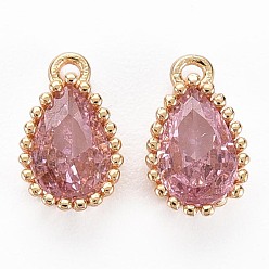 Pink Brass Inlaid Cubic Zirconia Charms, Nickel Free, Long-Lasting Plated, Real 18K Gold Plated, Teardrop, Pink, 8x5x2mm, Hole: 0.8mm