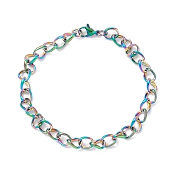 Rainbow Color Vacuum Plating Fashionable 304 Stainless Steel Side Twisted Chain Bracelets, with Lobster Claw Clasps, Rainbow Color, 7/8 inch(22cm)