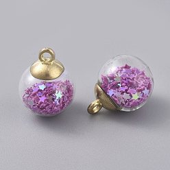 Dark Orchid Glass Ball Pendants, with Star Glitter Sequins and Golden Plated CCB Plastic Cup Peg Bails, Round, Dark Orchid, 20.5x15mm, Hole: 2.5mm