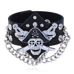 Black Skull PU Imitation Leather Cord Bracelets, Alloy Chain Bracelets for Men, Black, 9-1/8 inch(23cm), 32mm