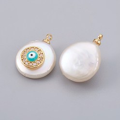 Real 18K Gold Plated Natural Cultured Freshwater Pearl Pendants, with Cubic Zirconia and Enamel, Brass Findings, Long-Lasting Plated, Flat Round with Eye, Real 18K Gold Plated, 14~21x9~16x5~9mm, Hole: 1.5mm