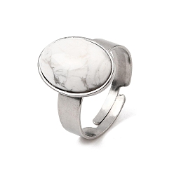 Howlite Adjustable 304 Stainless Steel Finger Rings for Women, with Natural Howlite, Oval, Stainless Steel Color, 17mm