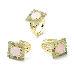 Green Aventurine Natural Green Aventurine & Shell Rectangle Adjustable Ring, Real 18K Gold Plated Brass Wide Ring for Women, Inner Diameter: 17mm