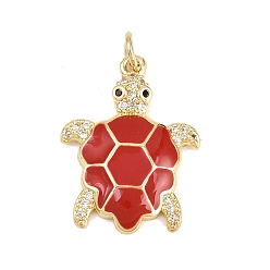 Красный Латунные микро проложить кубического циркония подвески, с эмалью, черепаховые чары, долговечный, стойки покрытие, без свинца и без кадмия, реальный 18 k позолоченный, красные, 23x17x3 мм, отверстие : 3.2 мм