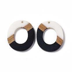 Black Opaque Resin & Walnut Wood Pendants, Donut Charms, Black, 38x32.5x3.5mm, Hole: 2mm