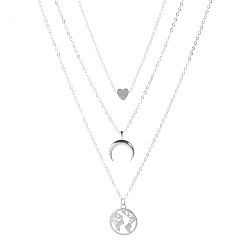 Silver Geometric Circle Map Pendant Necklace - Fashionable and Minimalist Heart Alloy Collarbone Chain.