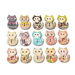 Mixed Color 2-Hole Printed Wooden Buttons, for Sewing Crafting, Cat, Mixed Color, 29.5x21.5x2.5mm, Hole: 1.5mm