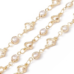 WhiteSmoke Handmade Eco-friendly Brass Heart & Flat Round Link Chain, with Cubic Zirconia & Glass Pearl Beaded, Real 18K Gold Plated, Lead Free & Cadmium Free, Soldered, with Spool, WhiteSmoke, 9x6x2mm, 10x5x3mm