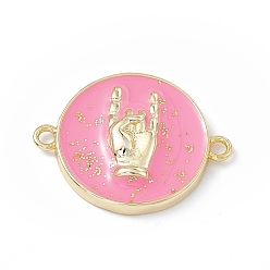 Pearl Pink Rack Plating Brass Enamel Connector Charms, Flat Round Links with Gesture Pattern, Long-Lasting Plated, Lead Free & Cadmium Free, Real 18K Gold Plated, with Glitter Powder, Pearl Pink, 17x22x4mm, Hole: 1.6mm