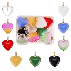 Colorful 27Pcs 9 Colors Glass Pendants, with Brass Findings, for Jewelry Necklace Earring Bracelet Making Gifts Crafts, Heart, Colorful, 22x20mm, Hole: 5x2mm, 3pcs/color