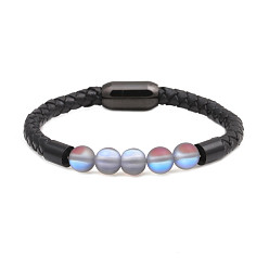 1# Stylish Leather Bracelet with Stainless Steel Magnetic Clasp and Moonstone Beads for Women