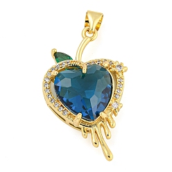 Dark Blue Rack Plating Brass Micro Pave Clear Cubic Zirconia Pendants, with Glass, Long-Lasting Plated, Cadmium Free & Lead Free, Real 18K Gold Plated, Heart Charms, Dark Blue, 30x17x9.5mm, Hole: 4.5x3.5mm