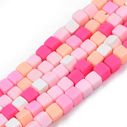 Hot Pink Handmade Polymer Clay Beads Strands, Cube, Hot Pink, 4x4x4mm, Hole: 1.4mm, about 89~91pcs/strand, 15.55 inch~15.94 inch(39.5~40.5cm)