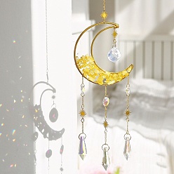 Citrine Natural Citrine Wrapped Moon Hanging Ornaments, Teardrop Glass Tassel Suncatchers for Home Outdoor Decoration, 450mm