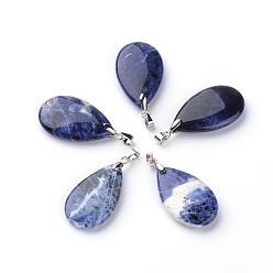 Sodalite Natural Sodalite Pendants, with Brass Findings, teardrop, Platinum, 30x18x6mm, Hole: 5x4mm