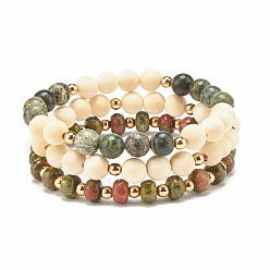 Mixed Color 3Pcs 3 Style Natural Unakite & Wood  & Green Zebra Jasper Beaded Stretch Bracelets Set, Gemstone Jewelry for Women, Mixed Color, Inner Diameter: 2-1/4 inch(5.7cm), 1Pc/style