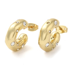 Real 18K Gold Plated Rack Plating Brass Round with Heart Stud Earrings with Cubic Zirconia, Half Hoop Earrings, Cadmium Free & Lead Free, Real 18K Gold Plated, 18x6mm