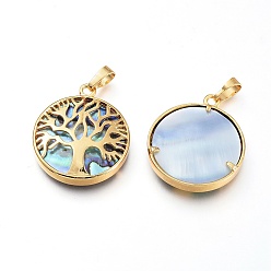 Golden Natural Abalone Shell/Paua Shell Pendants, with Brass Findings, Flat Round with Tree of Life, Golden, 31.5x27.5x6mm, Hole: 4.5x7mm