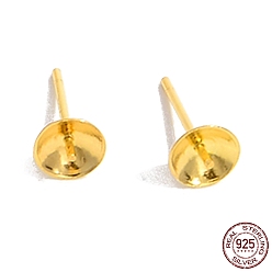 Real 18K Gold Plated 925 Sterling Silver Stud Earring Findings, for Half Drill Beads, with S925 Stamp, Real 18K Gold Plated, 13x6mm, Inner Diameter: 5.6mm, Pin: 11x0.7mm
