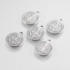 Stainless Steel Color 304 Stainless Steel Pendants, Flat Round with Saint Benedict, Stainless Steel Color, 15x12x1.5mm, Hole: 0.8mm