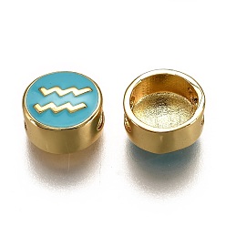 Aquarius Brass Beads, with Enamel, Flat Round with Constellation, Real 18K Gold Plated, Light Sky Blue, Aquarius, 10x5mm, Hole: 4.5x2.5mm