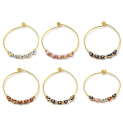 Mixed Color Heart with Evil Eye Enamel Beaded Bangles, Rack Plating Brass Bangle for Women, Mixed Color, Inner Diameter: 2-3/8x2-1/2 inch(5.9x6.5cm)