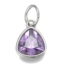 Plum 304 Stainless Steel Cubic Zirconia Pendant, Triangle, Stainless Steel Color, Plum, 12.5x9.5x5mm, Hole: 5mm