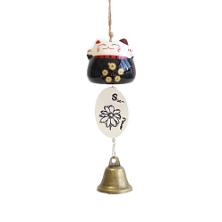 Black Fortune Lucky Cat Porcelain Wind Chines, Outdoor, Home Hanging Decorations with Iron Bell and Sunflower Pattern Charms, Black, 280~310mm