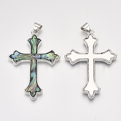Colorful Abalone Shell/Paua Shell Big Pendants, with Alloy Findings, Cross, Platinum, Colorful, 68.5x47x4mm, Hole: 8x6mm